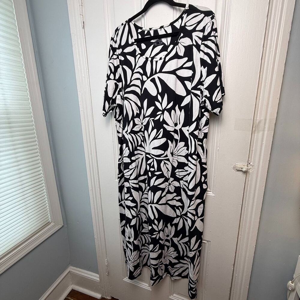 Denim & Co. Floral Jersey Midi Dress Womens 2X Tall Black White Short Sleeve